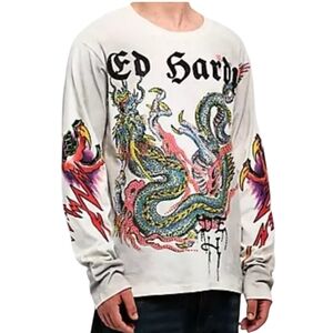 Ed Hardy Rhinestone Dragon Graphic Long Sleeve Shirt Distressed Ivory NWT XL